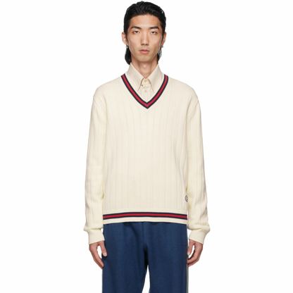 GUCCI Off-White Knit Web V-Neck Sweater