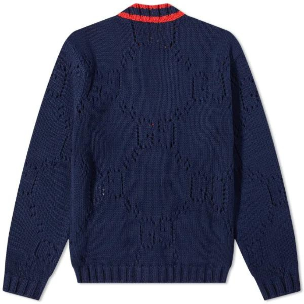 GUCCI GRG PLACKET GG CARDIGAN NAVY