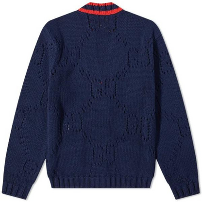 GUCCI GRG PLACKET GG CARDIGAN NAVY