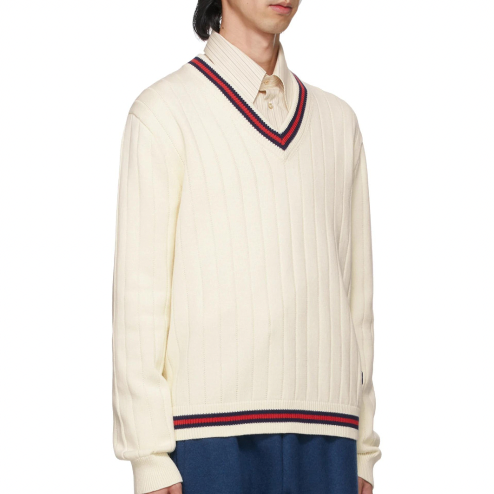 GUCCI Off-White Knit Web V-Neck Sweater