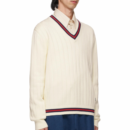 GUCCI Off-White Knit Web V-Neck Sweater