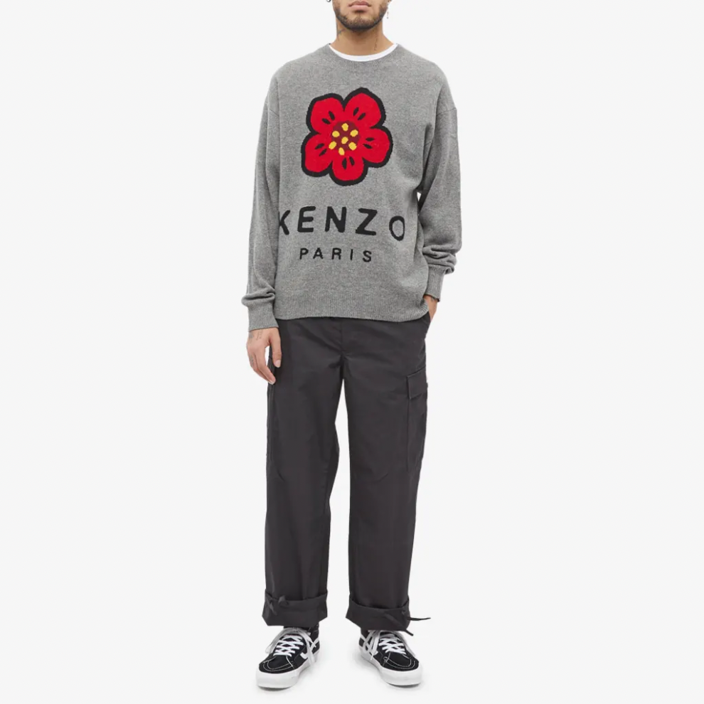 KENZO LOGO INTARSIA CREW KNIT MISTY GREY