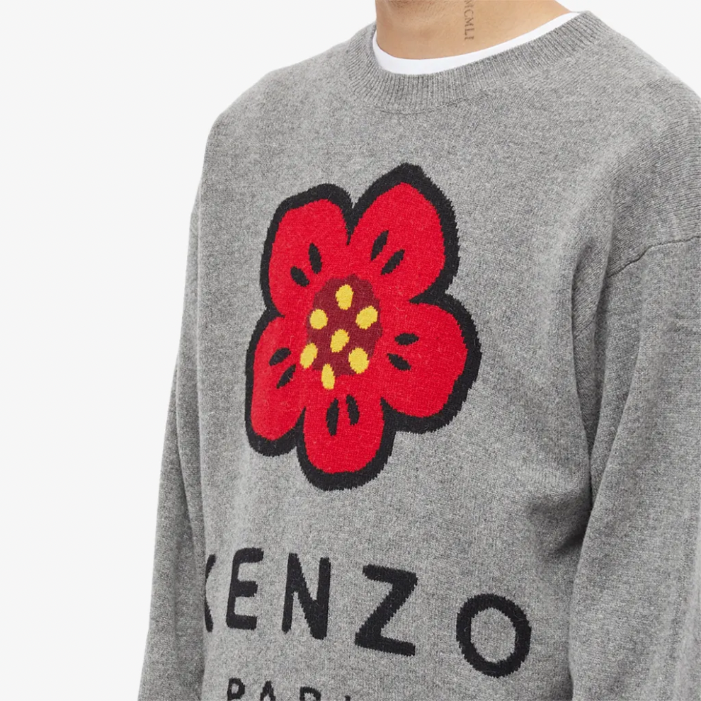 KENZO LOGO INTARSIA CREW KNIT MISTY GREY